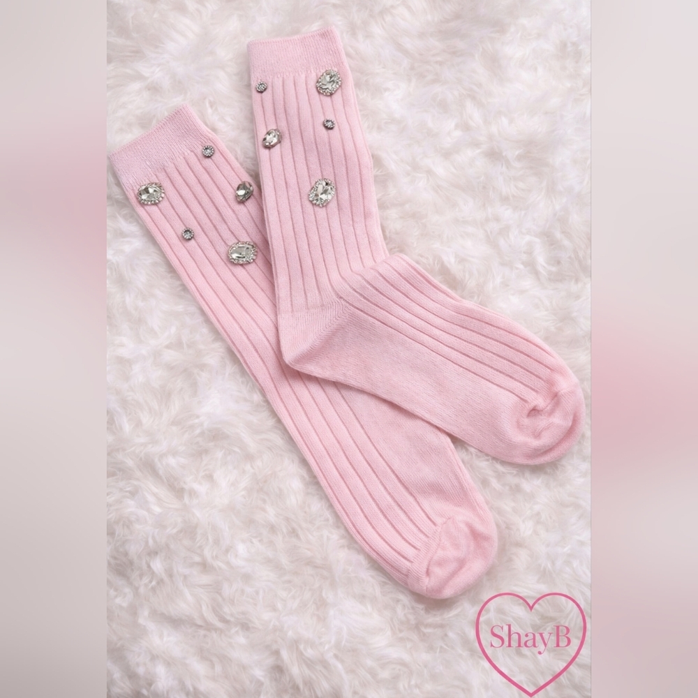 SHEIN Pink Ribbed Crew Socks with Rhinestone Accents